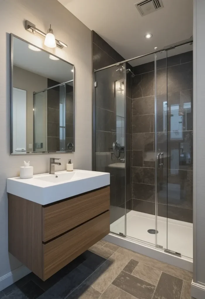 Floating vanity beside walk-in shower in a small bathroom to create open floor space.