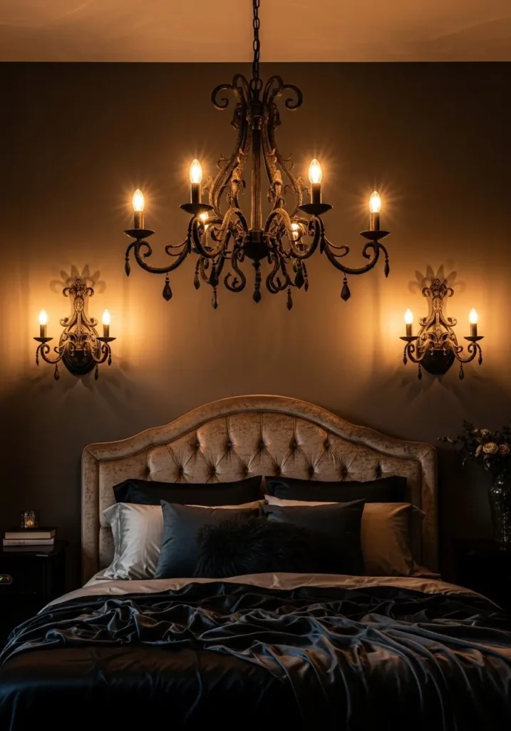 Moody lighting fixtures in vampire-inspired bedroom.