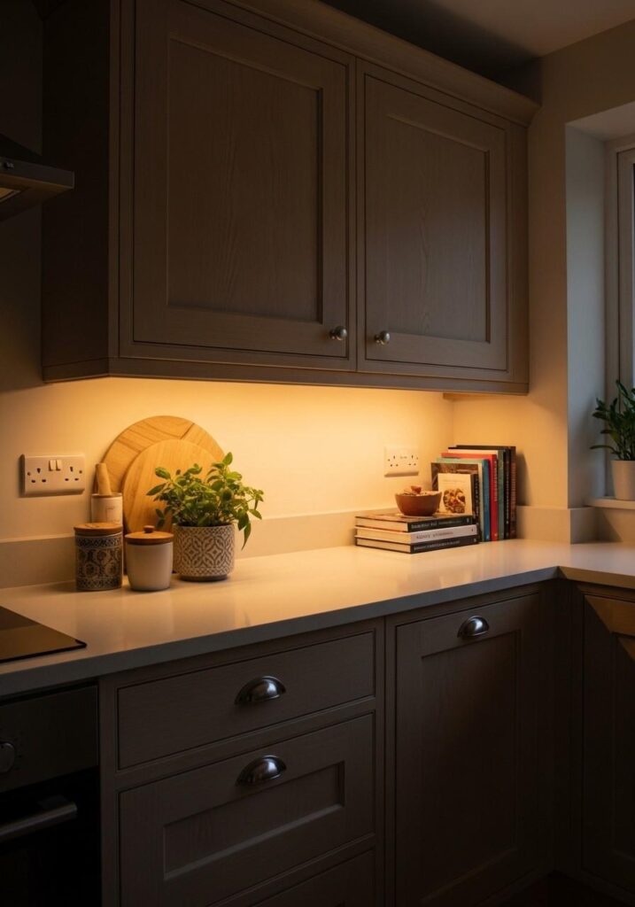 White oak cabinets with warm lighting.