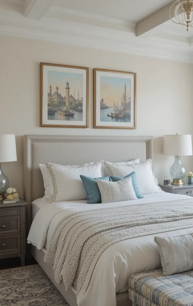 Beach bedroom with coastal artwork hanging above the bed.