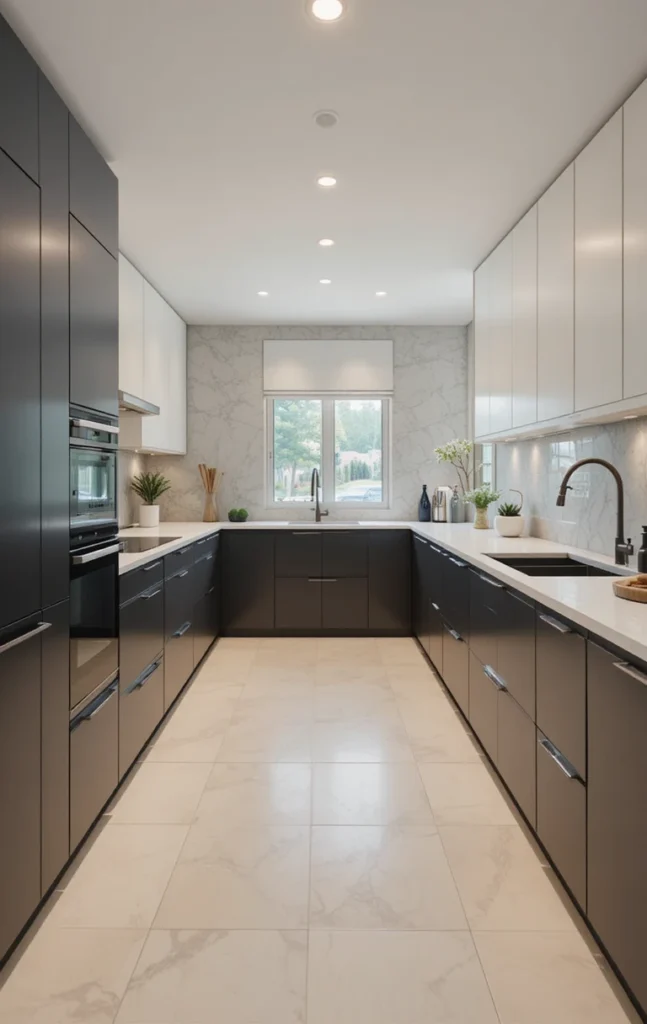 Long kitchen with two-tone cabinet colors for balance and visual interest