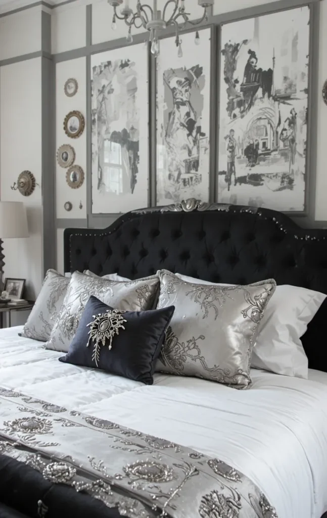 Black bed with silver accents in elegant bedroom