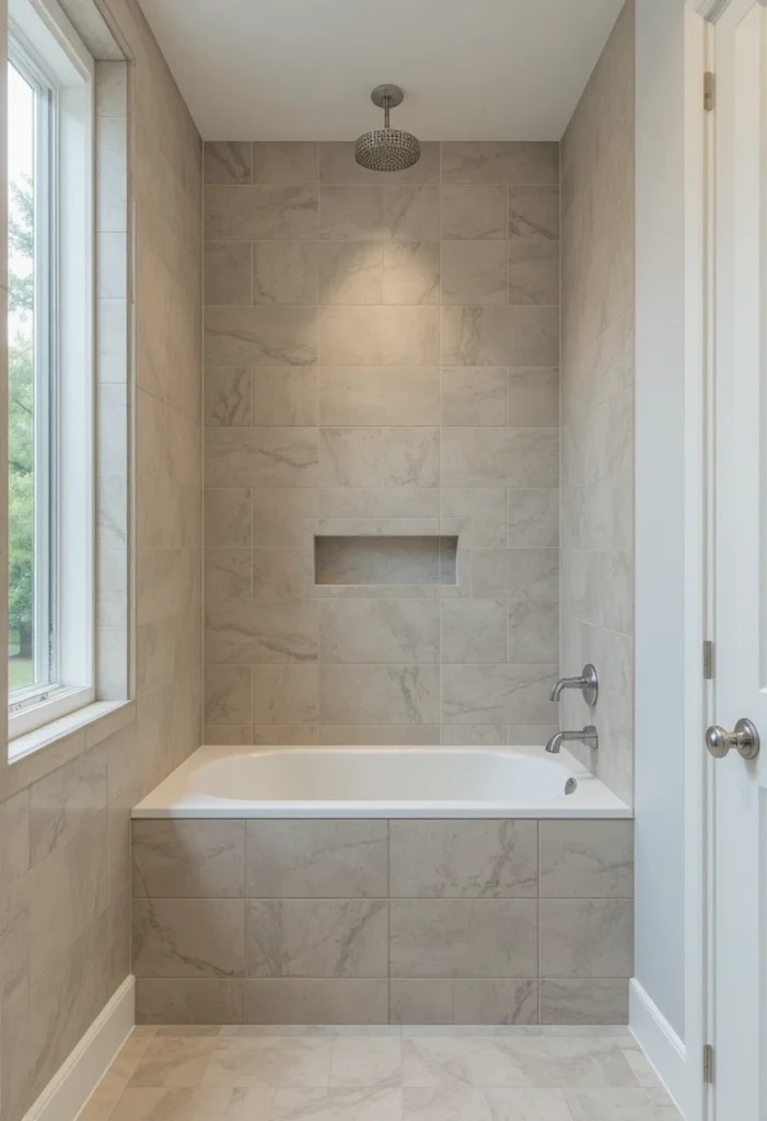 Small bathroom with alcove tub designed to save floor space and improve layout