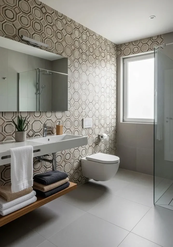Tile-pattern wallpaper in stylish bathroom