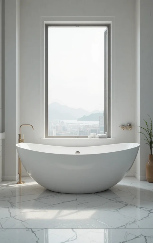 White freestanding bathtub in bright modern bathroom