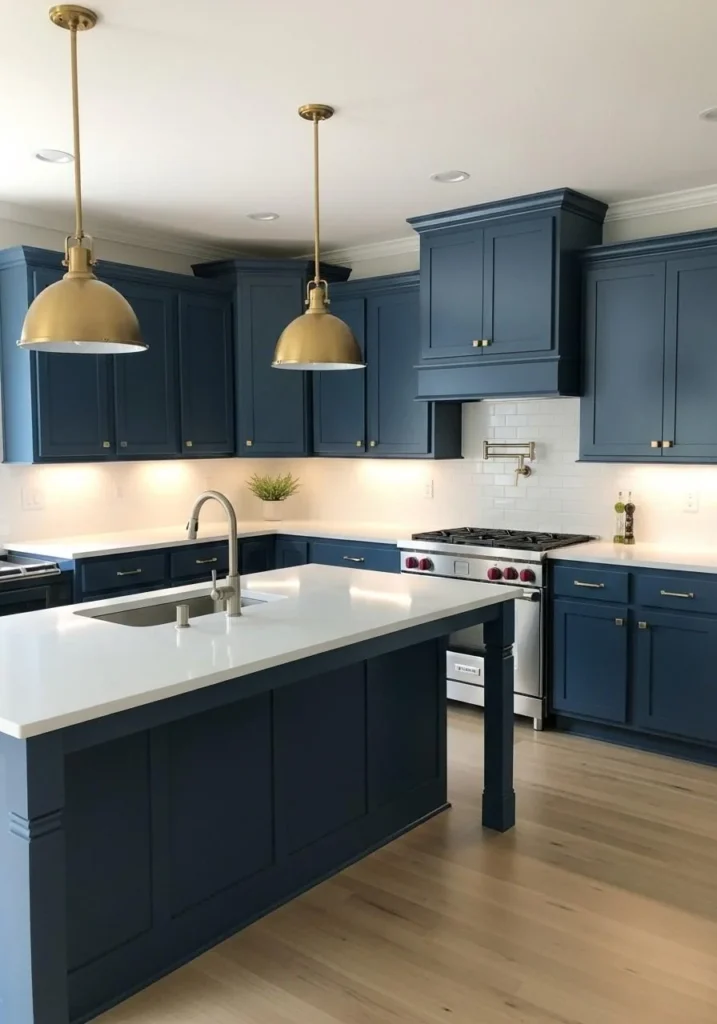 Dark blue cabinets with gold lighting.