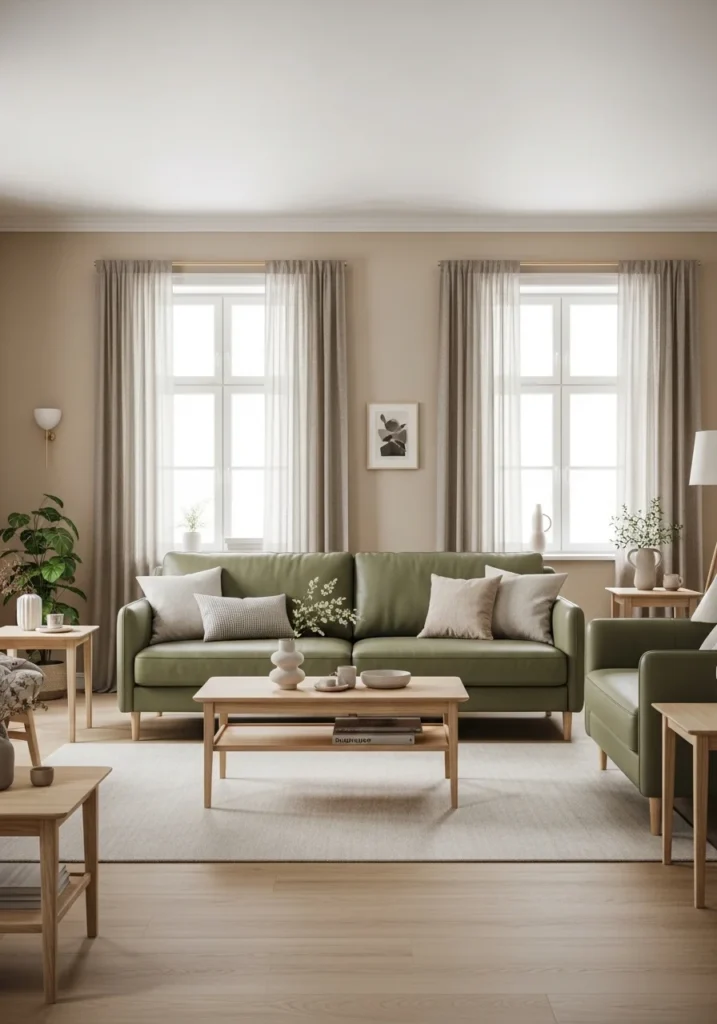 Sage green leather sofa in neutral cozy living room