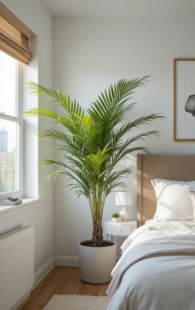 Beach bedroom with greenery added through potted plants and small nightstand plants.