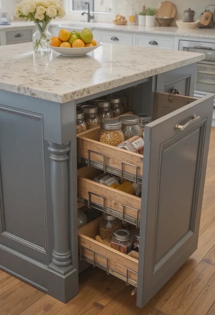 Organized storage solutions in a kitchen island.