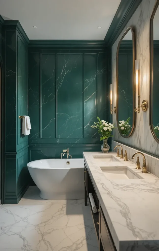 Dark green bathroom paired with white marble surfaces for elegance.