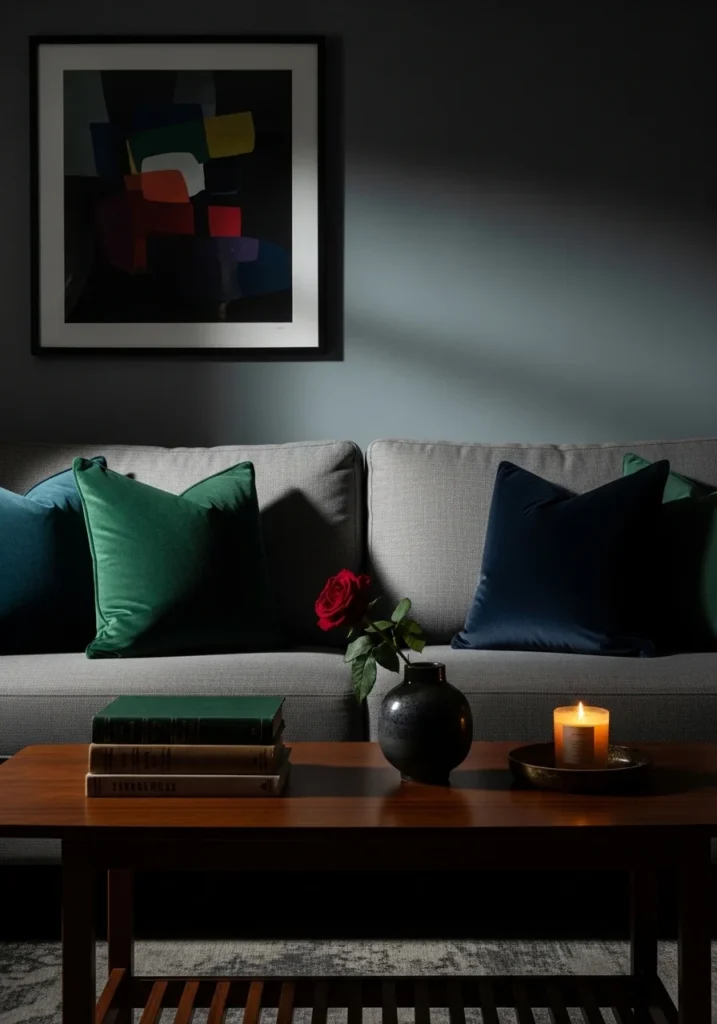 Grey couch with rich jewel-tone accents.