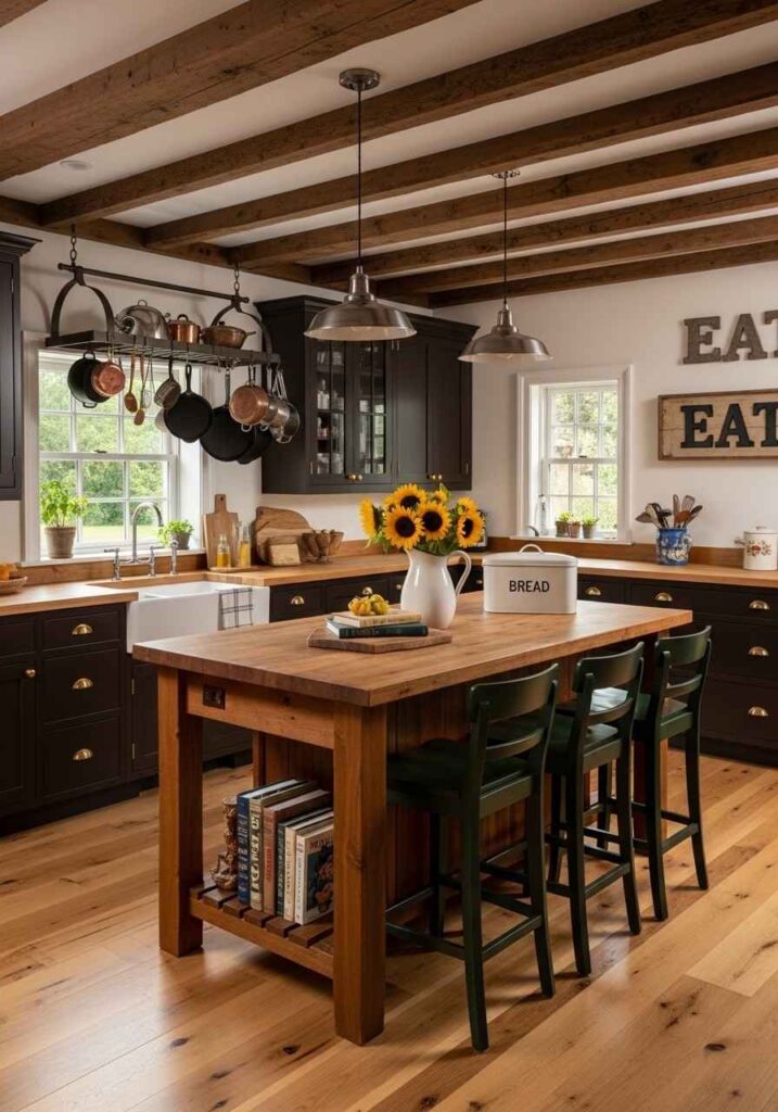 Rustic brown cabinets paired with wooden ceiling beams for a warm kitchen