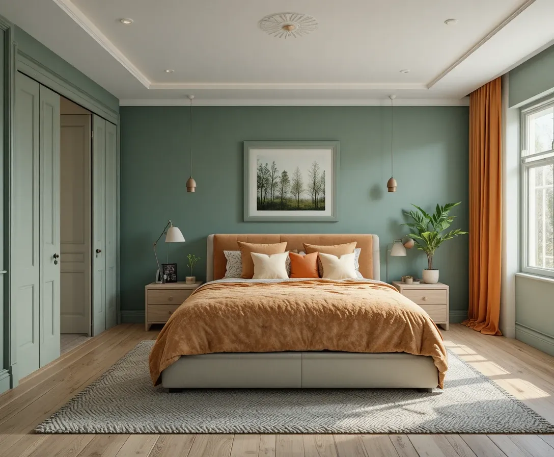 Full green and orange bedroom look view