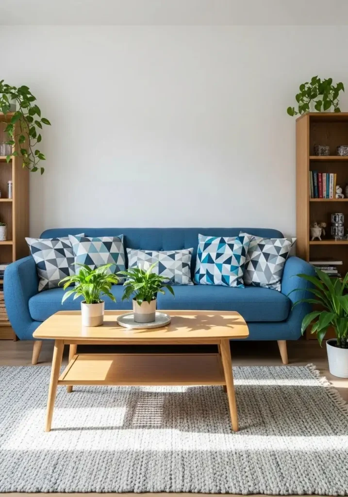 Blue sofa in Scandinavian-inspired space.