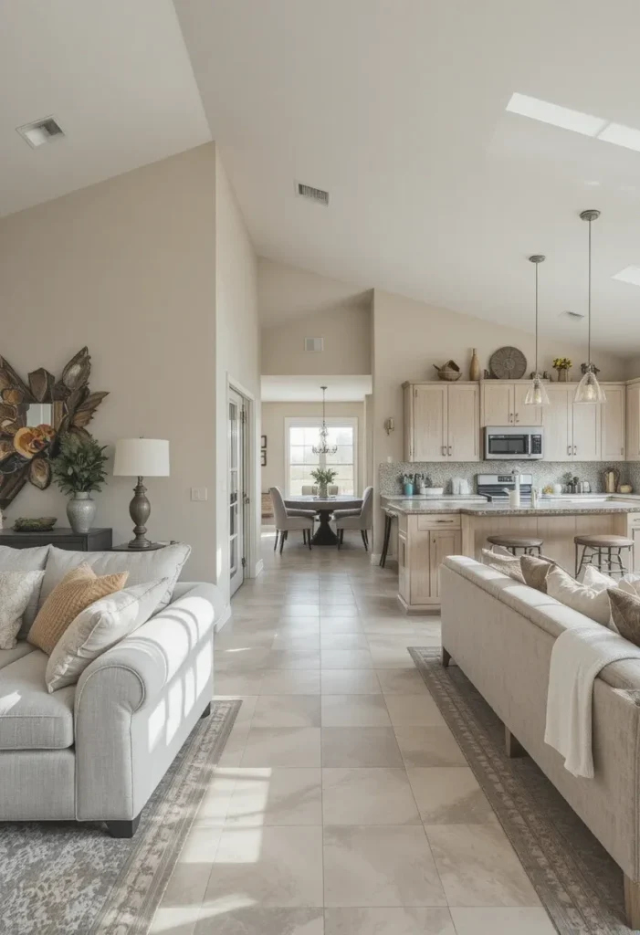 Clear pathways connecting living room and kitchen zones