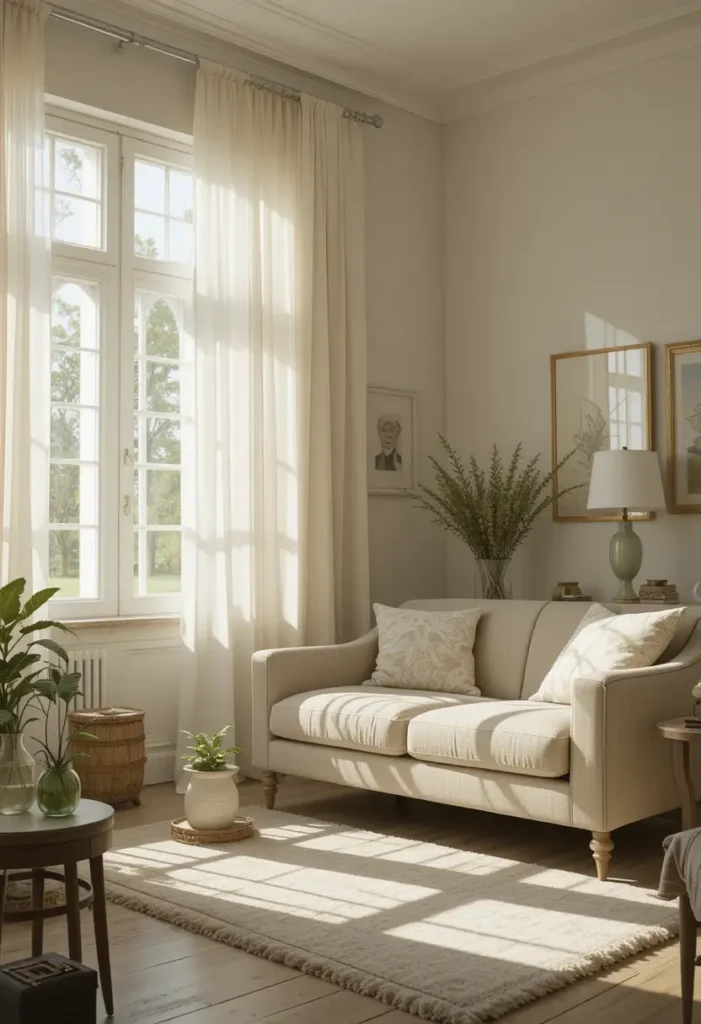 Off-white curtains brightening a small living room with compact furniture.