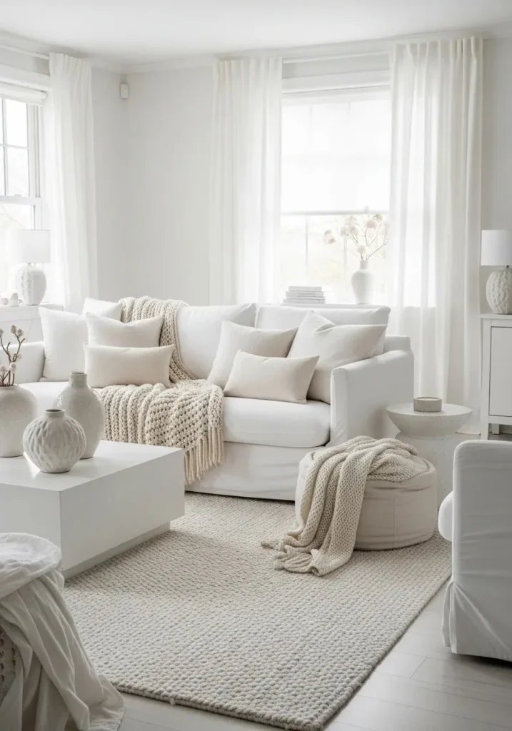 Monochrome white couch living room with layered neutral tones.