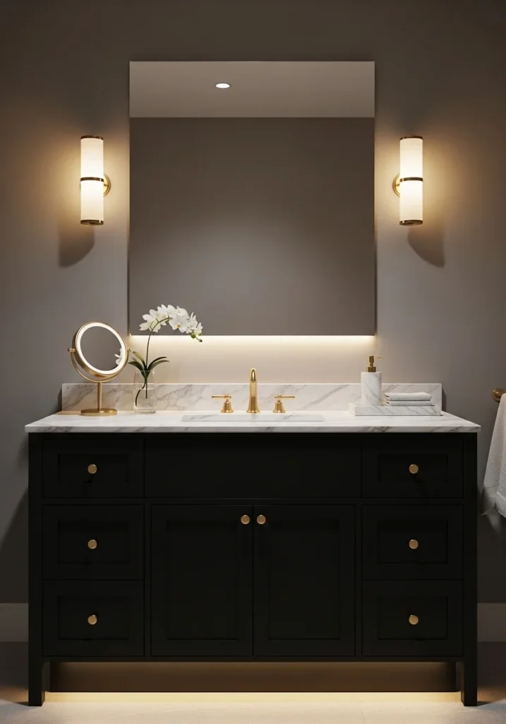 Black vanity with gold handles