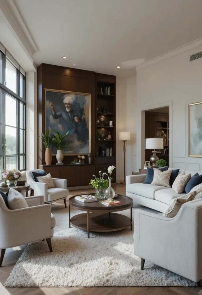 “Living room with furniture and décor balanced in scale and proportion.