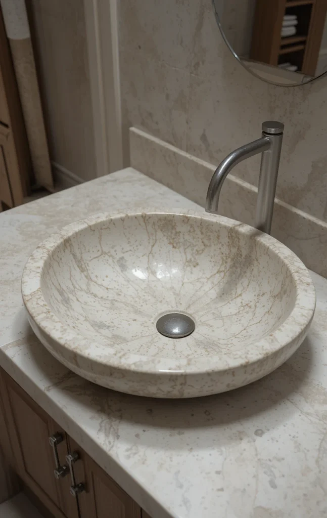 Natural stone bathroom sink adding texture and warmth.