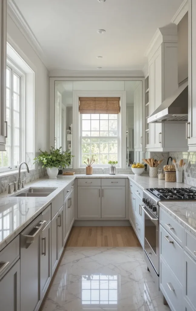Mirrored backsplash in a small galley kitchen.