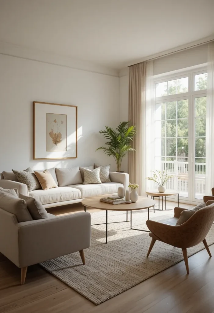 Neutral area rug anchoring living room seating with sofa and coffee table