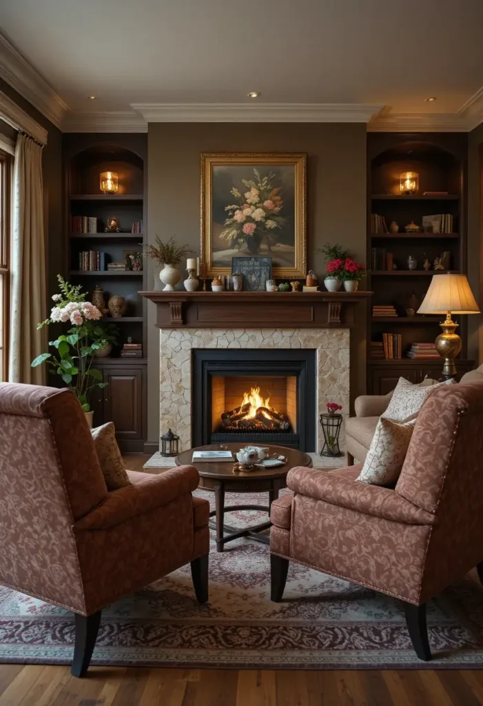 Conversation seating arrangement facing a fireplace in a cozy living room.