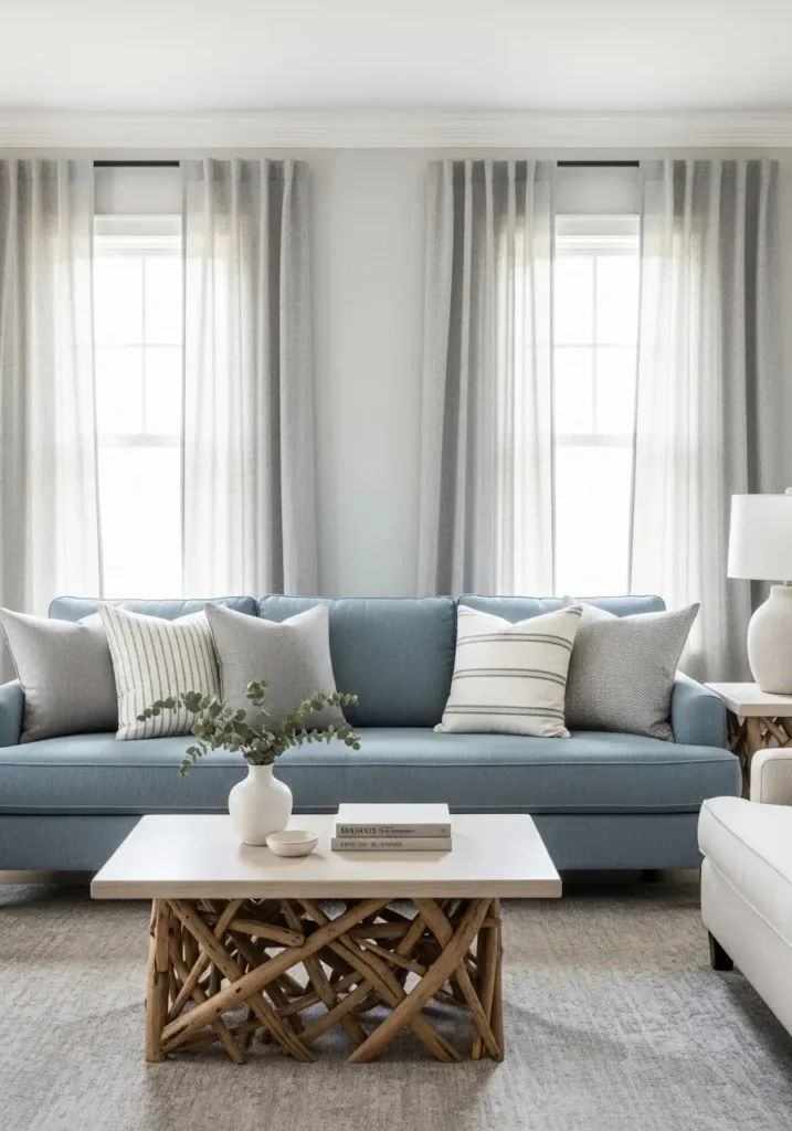 Blue couch with coastal grey tones.