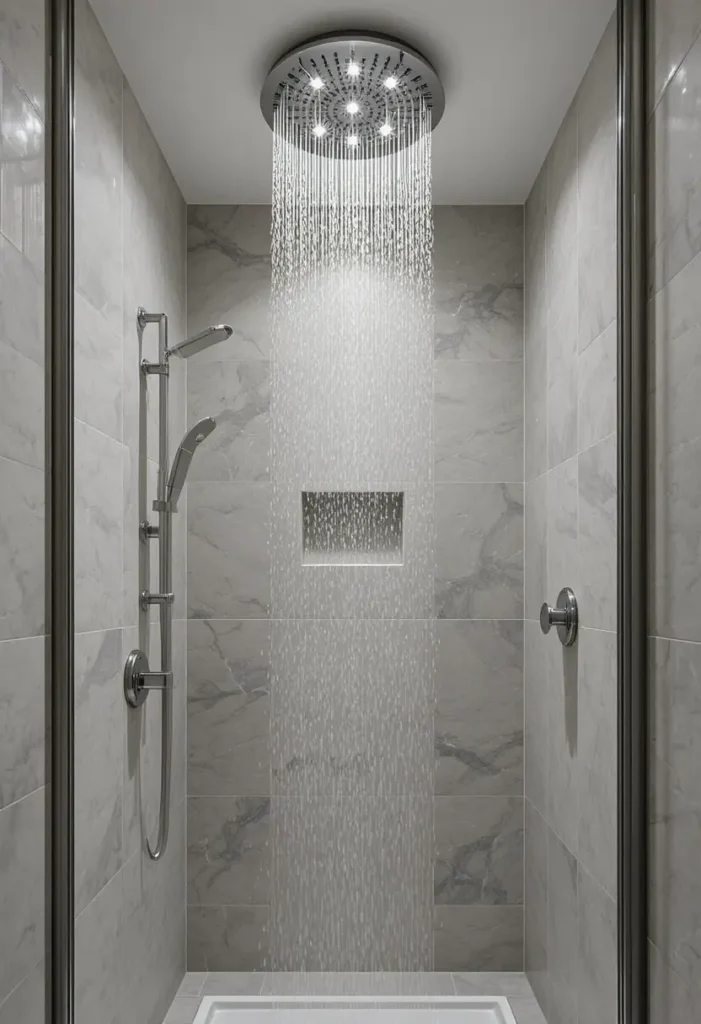 Rain showerhead in a small walk-in shower to create a luxurious spa-like experience.