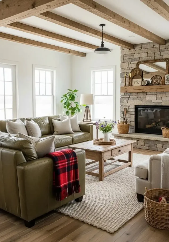 Green leather sofa in rustic farmhouse living room
