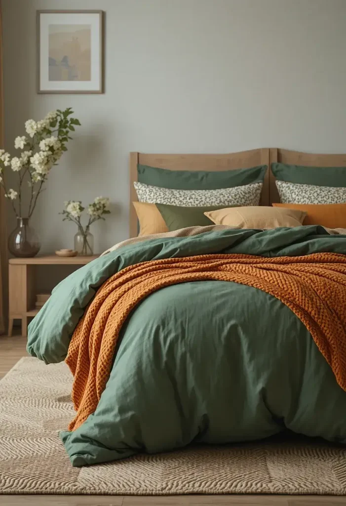 Layered patterns and textures in a green and orange bedroom for visual interest.