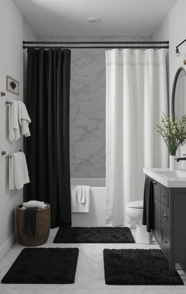 Layered black and white bathroom textiles