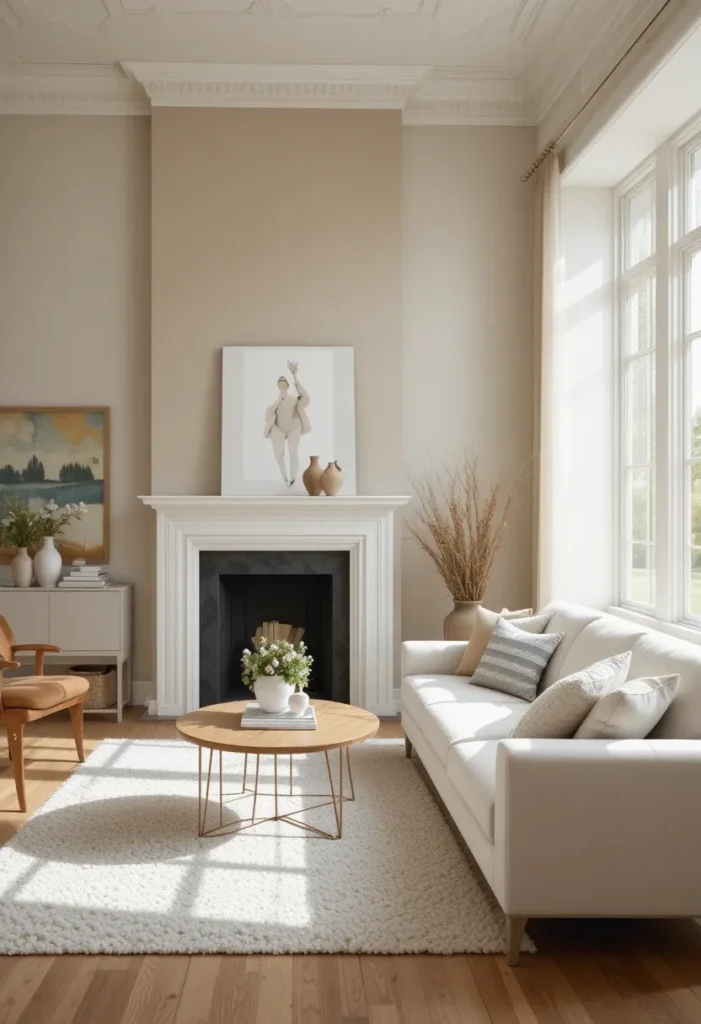 Living room with soft neutral greige accent wall and light decor