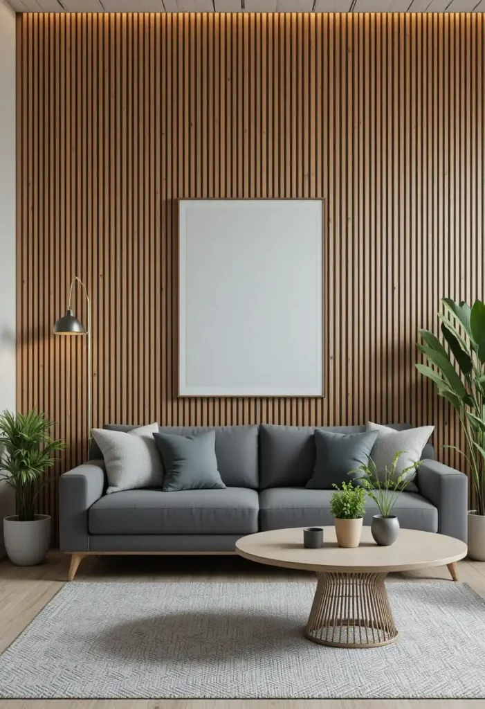 Modern living room with vertical wood slat accent wall and minimalist decor