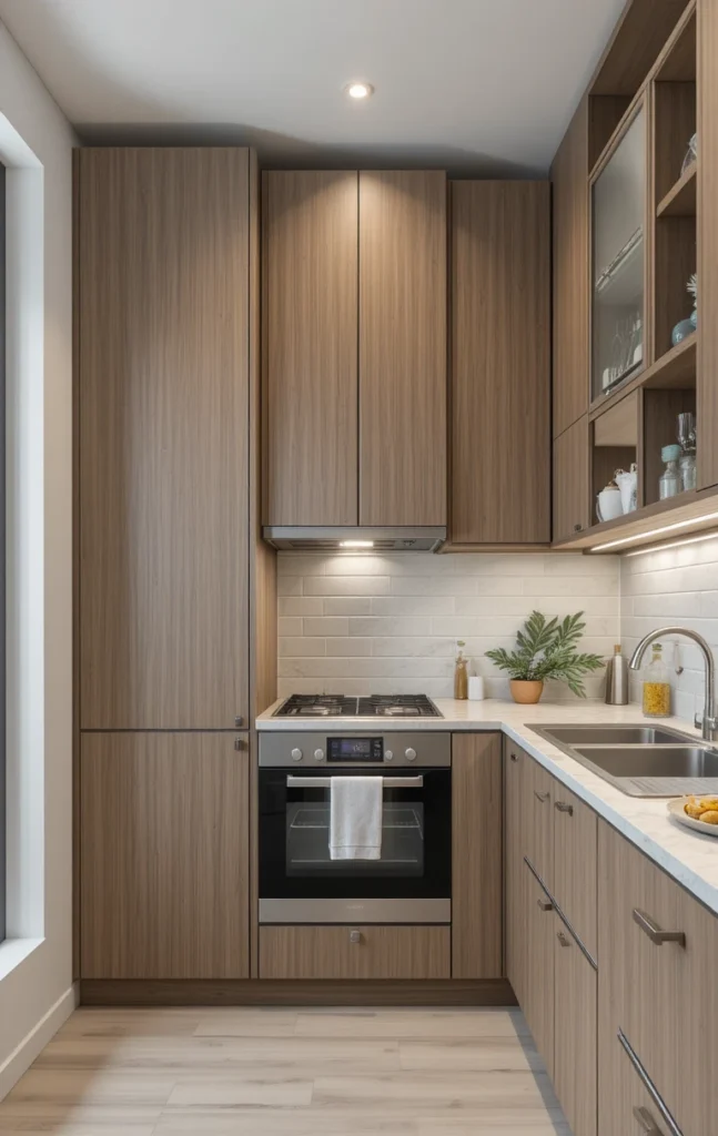 One wall kitchen with tall vertical cabinets for extra storage