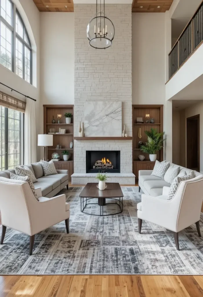 Living room with properly sized rug connecting seating around the fireplace.