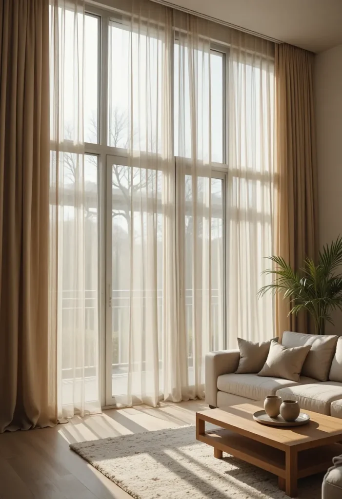 Sheer curtains letting soft sunlight into a cozy living room with beige sofa.