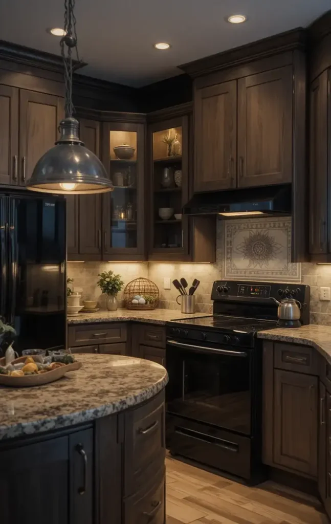 Black appliance kitchen enhanced with layered lighting and pendant lights.