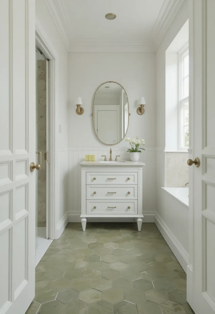 Bathroom with olive green hexagon floor tiles and white walls.