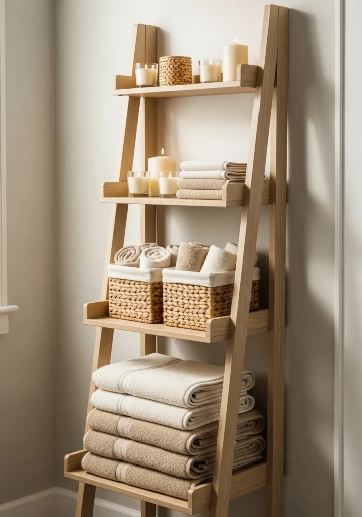 Wooden ladder shelf with towels and baskets in small bathroom
