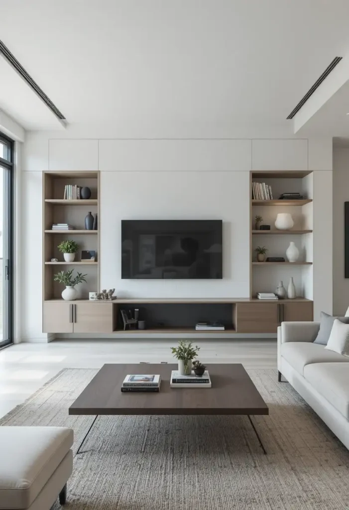 Minimalist floating built-in shelves in a modern living room