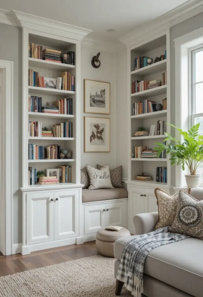 Corner built-in shelves creating a cozy reading nook in living room