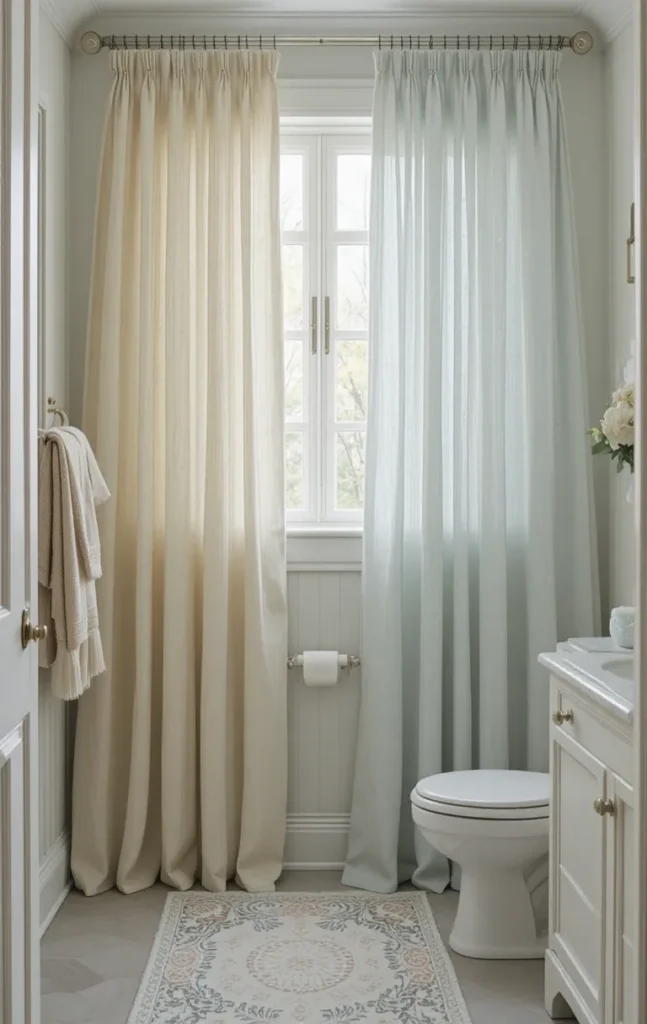 Seasonal bathroom curtains swapped for style and freshness.