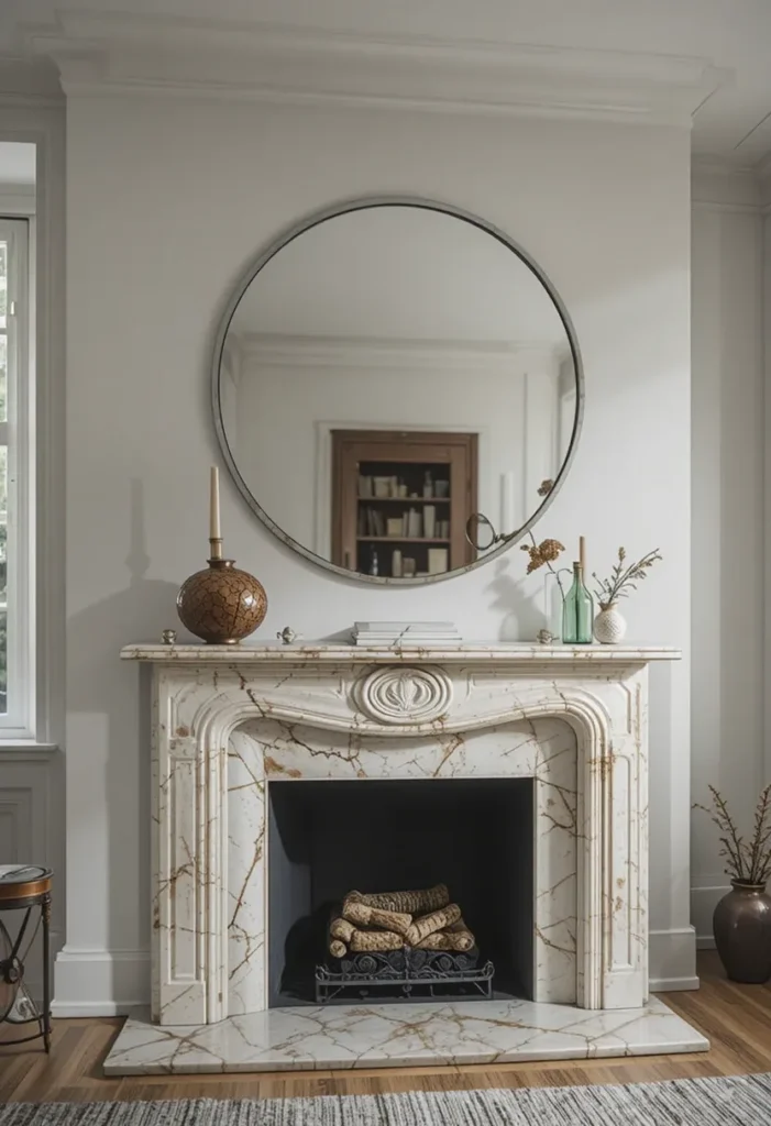 Balanced fireplace mantel styled with a round mirror and minimal decorative accents.