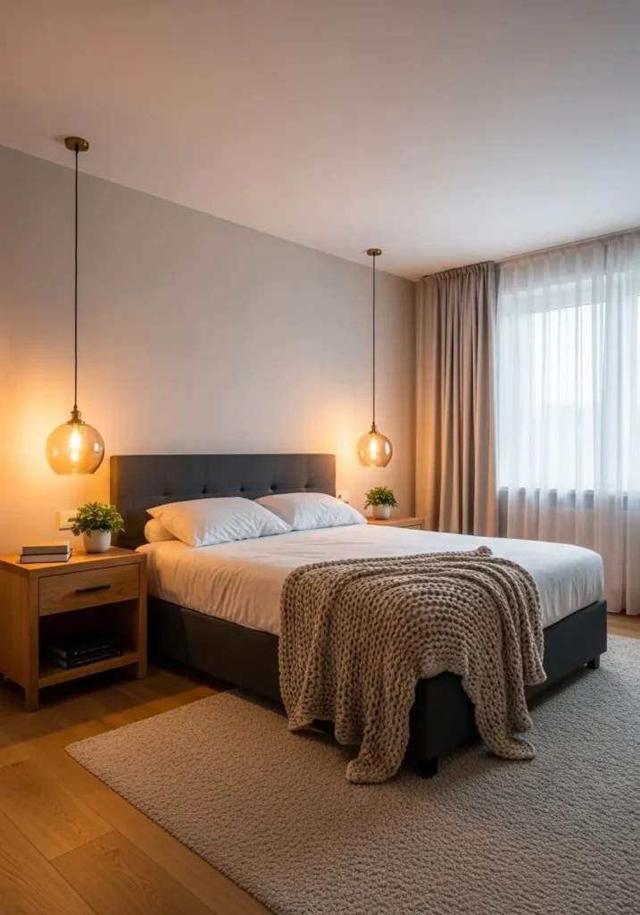 Full bedroom with pendant lights creating warm ambiance