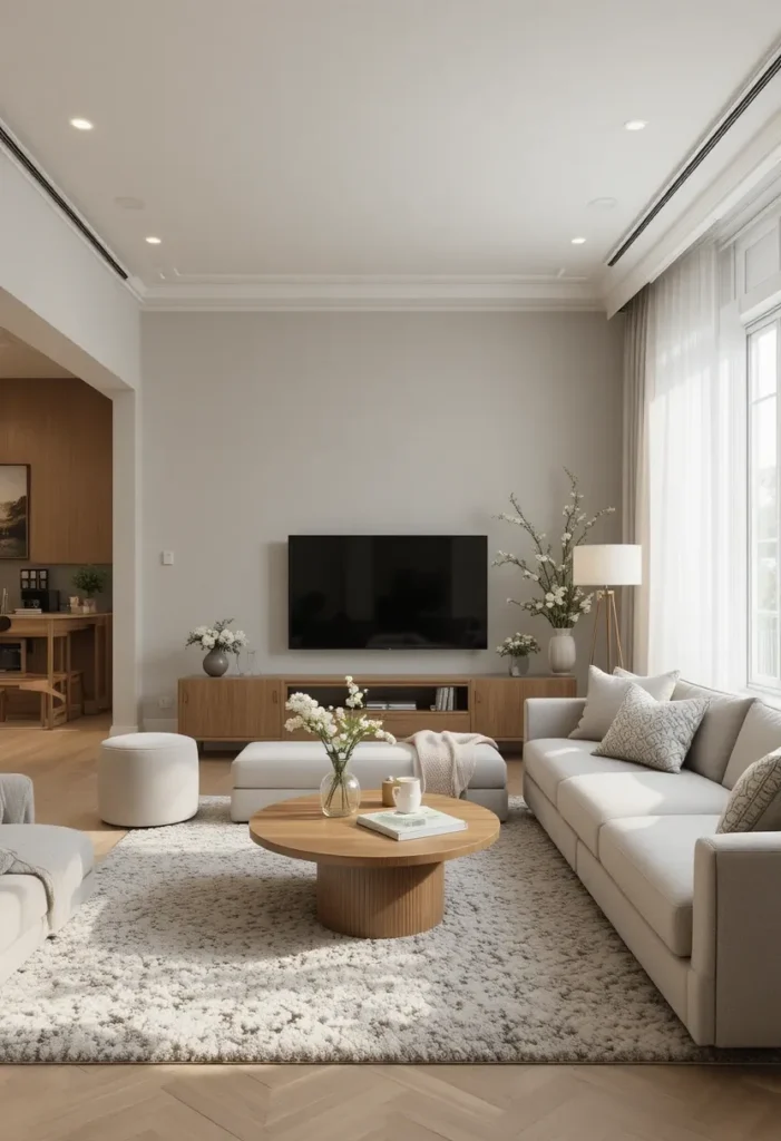 “Light-colored apartment living room with warm wood accents and soft textiles.”