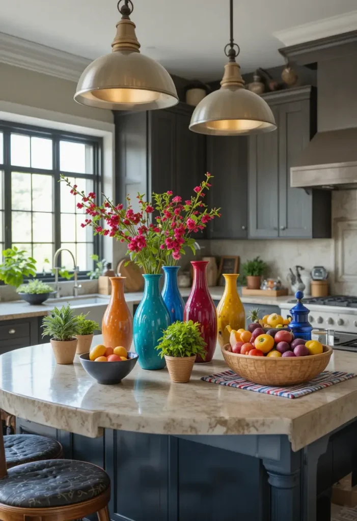 Decorative accents on a U-shaped kitchen island.