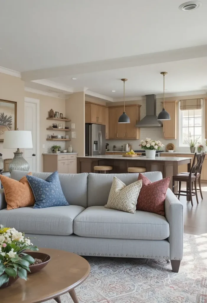 Cohesive color palette connecting open kitchen and living room