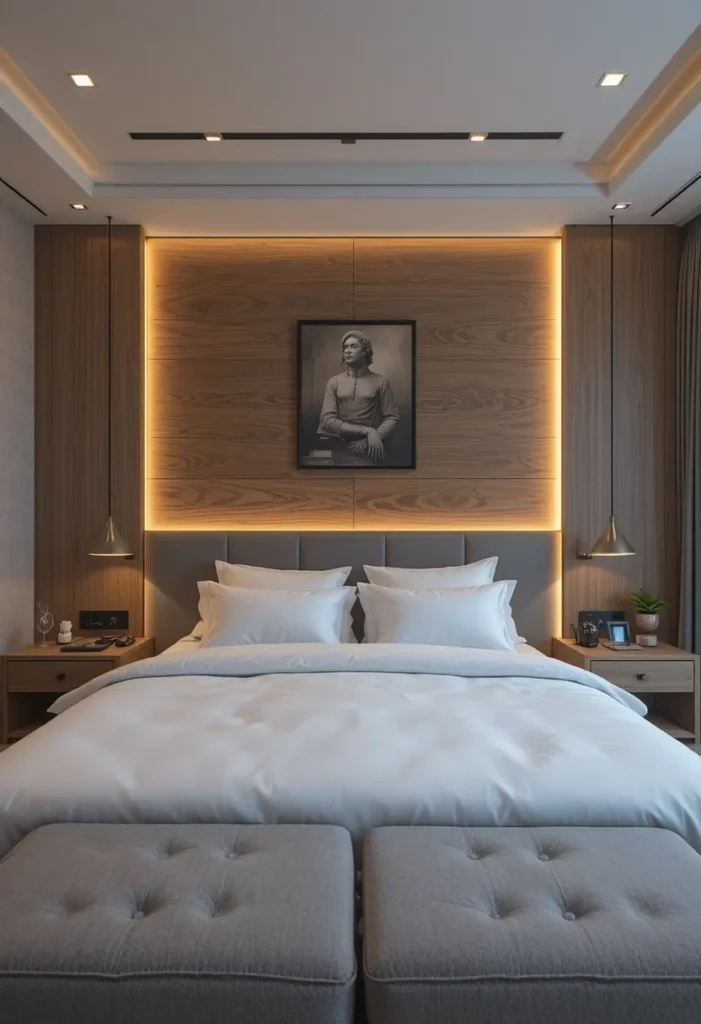 LED lights behind the headboard creating a soft ambient glow in the bedroom