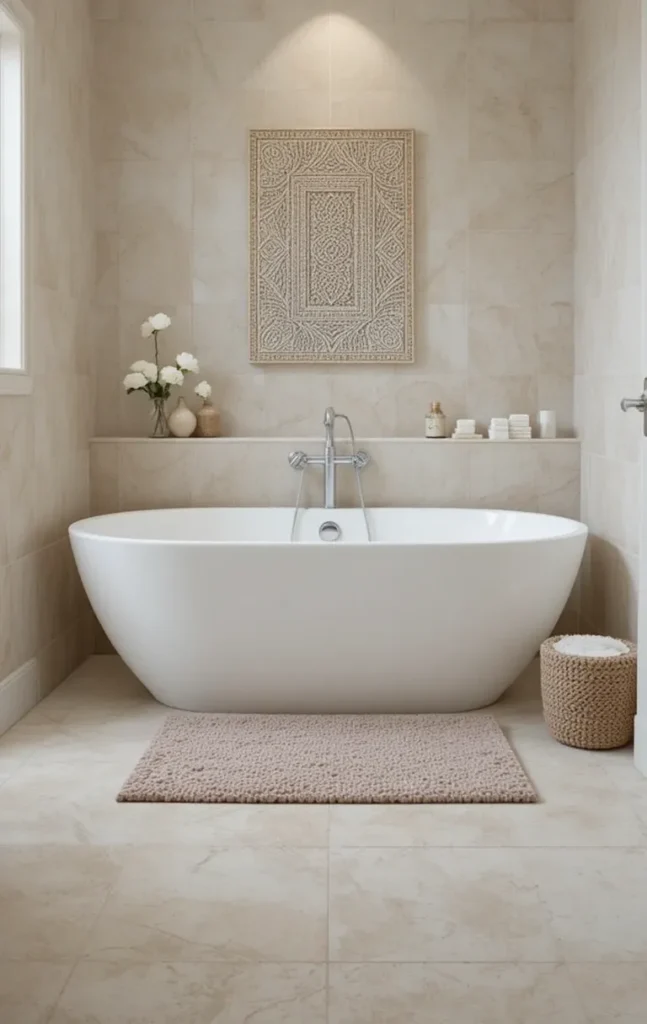 Layered bathroom rugs creating a cozy spa-like atmosphere.